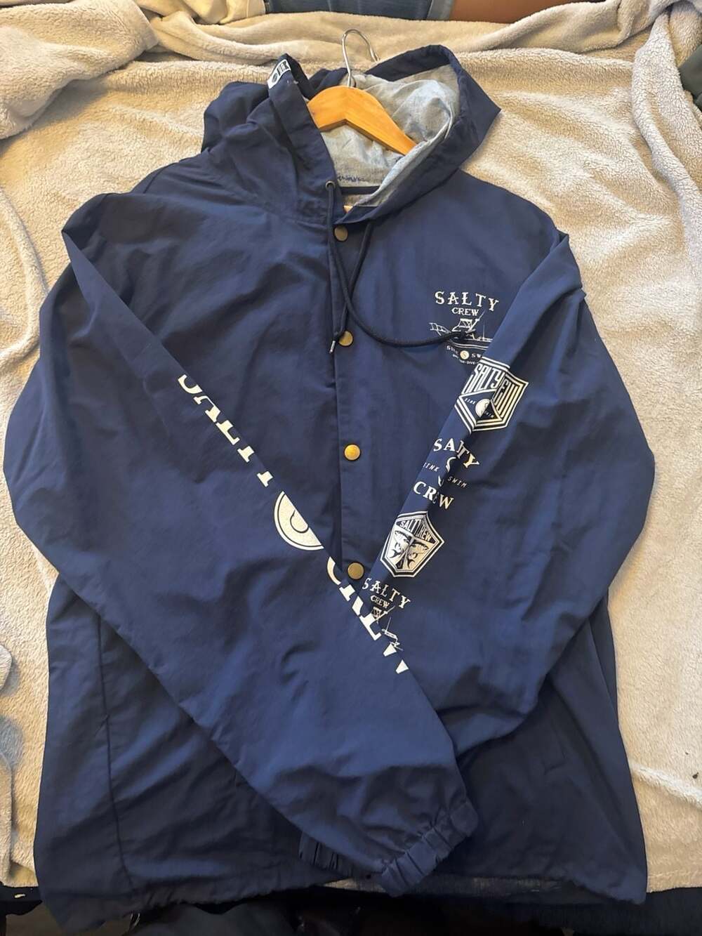 Salty Crew Vandal Snap Front Hooded Windbreaker Jacket Navy Blue XXL
